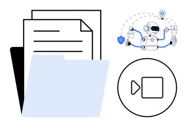 Robot yönetici görevleri, dosya dizinindeki belge yığını, başlamayı simgeleyen çalma düğmesi. Otomasyon, yapay zeka, iş akışı optimizasyonu, görev yönetimi, üretkenlik, teknoloji sade düz metafor için ideal