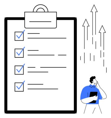 Tamamlanmış mavi görevleri olan büyük bir liste elinde tablet tutan düşünen bir adam ve büyümeyi simgeleyen yukarı doğru oklar. Üretkenlik, planlama, organizasyon, başarı, hedef belirleme, iş akışı için ideal