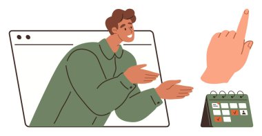 Tarayıcı penceresinden elini ve takvimini işaretli görevlerle gösteren adam. İletişim için ideal, takım planlaması, uzaktan çalışma, programlama, üretkenlik, iş akışı, basit düz