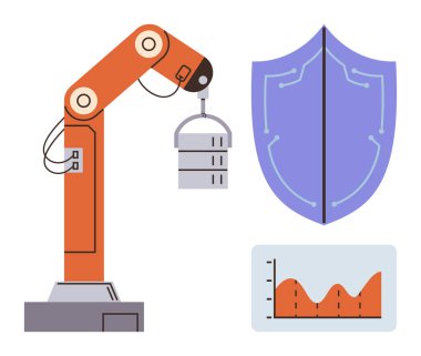 Robot kol kaldırma objeleri, güvenliği simgeleyen kalkan ve analitiği vurgulayan veri grafiği. Teknoloji, siber güvenlik, otomasyon, endüstri, yapay zeka veri analizi için ideal. Temiz daire