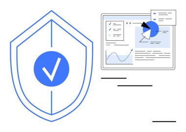 Grafikler ve çizelgelerle birlikte kontrol işaretli bir kalkan simgesi. Siber güvenlik, veri koruması, teknoloji, uyum, analitik, dijital araçlar, basit iniş sayfası için ideal