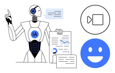 İçişleri etiketi olan bir robot konuşuyor ve dosyaları elinde tutuyor. Konuşma balonu, video ikonu ve mutlu yüz de dahil. Yapay zeka, teknoloji, eğitim, otomasyon, analitik sunumlar için idealdir.