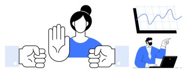 Elini kaldırmış, yumruklarını sıkmış bir kadın ve çizelgeyi analiz eden bir iş adamı. Çatışma çözümü, müzakere, karar verme, takım çalışması, liderlik için ideal