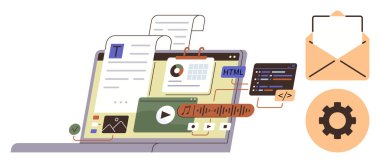 İçerik oluşturmayı temsil eden dokümanlar, çizelgeler, ses, video ve kod içeren dizüstü bilgisayar ekranı. E- posta ve vites simgelerini içerir. Teknoloji, web tasarımı, blog geliştirme medya eğitimi için ideal