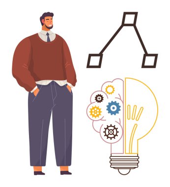 Elleri ceplerinde olan bir adam, çarklı soyut ampulün yanında duruyor, yeniliği simgeliyor. Yaratıcılık, problem çözme, takım çalışması, liderlik, fikir, teknoloji eğitimi için ideal. Basit.