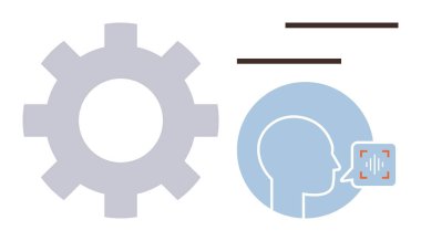 Konuşma tanıma simgesi olan kişi profili büyük bir dişlinin yanında, süreç otomasyonu ve bütünleşmeyi sembolize ediyor. Yapay zeka, otomasyon, konuşma süreci, yenilik ve insan teknolojisi için ideal