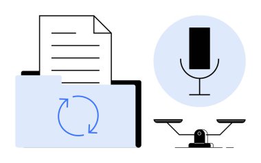 Dosya ve oklarla senkronize edilmiş dizin, ses girdisini temsil eden mikrofon ve karar vermeyi sembolize eden denge terazileri. İş akışı, iletişim, veri yönetimi, ses, yasal ve teknoloji için ideal