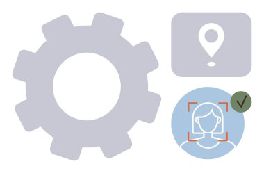 Teçhizat ayarları temsil eder, konum pimi konumlandırma önerir ve yüz tanıma da kimlik doğrulama iletir. Teknoloji, yenilik, otomasyon, kişiselleştirme, güvenlik, navigasyon için ideal