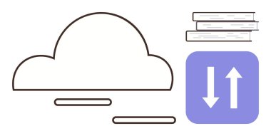 Mavi bir karede senkronize oklarla bulut simgesi ve veri, öğrenme ve depolamayı temsil eden kitap yığınları. Bilgi paylaşımı, bulut hesaplama, e-öğrenme, veri transferi, dijital depolama için ideal