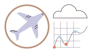 Bulut ve grafiğin yanında, analitik ve seyahat eğilimlerini gösteren bir uçak. Havacılık, teknoloji, iş büyümesi, analitik, tahmin, lojistik, basit daire için ideal
