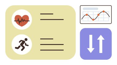Kalp atışı ve çalışan simgeler metin satırları, grafik analizleri, veri senkronizasyonu için yukarı ve aşağı oklar eşleştirildi. Fitness izleme, sağlık izleme, veri paylaşımı, analitik ve istatistikler için ideal