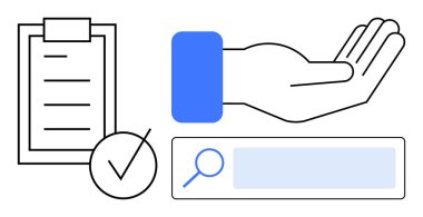 Kontrol işaretli ve arama çubuğuyla birlikte uzanmış eller rehberliği, organizasyonu, görevleri ve keşfi sembolize ediyor. Destek, yardım hizmetleri, planlama, verimlilik, bilgi bakımı için ideal