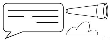 Teleskop, bulutun ötesine doğru ileriyi, keşfi ve diyaloğu sembolize eden bir konuşma balonunu işaret ediyor. Yenilik, vizyon, iletişim, beyin fırtınası, içgörü, strateji için ideal