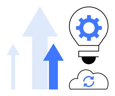 Büyümeyi temsil eden oklar, yenilikçiliği ve fikirleri sembolize eden dişli ampuller, teknoloji veya senkronizasyon için taze işaretli bulutlar. Teknoloji, ilerleme, büyüme ve iş için ideal