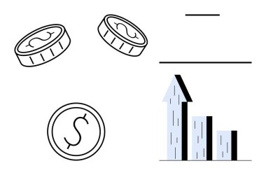 Dolar işaretli bozuk paralar, yükselen bar tablosu ve minimalist tasarım. Finans, ekonomi, yatırım, kâr analizi, tasarruf, bütçe pazarlama ve basit iniş sayfası için ideal