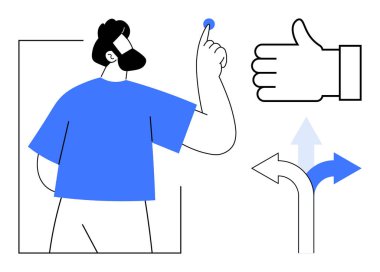 Yukarıya bakan sakallı adam, seçenekleri temsil eden oklar, onay veren baş parmak hareketi. Karar verme, başarı, navigasyon, planlama, liderlik, motivasyon için ideal basit bir iniş sayfası