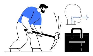 Kazma, nefes alma, illüstrasyon ve evrak çantasıyla çalışan adam çabayı, işçiliği, sağlığı, verimliliği, el işi, mesleki güvenlik profesyonel büyümeyi simgeliyor. Basit bir daire için ideal