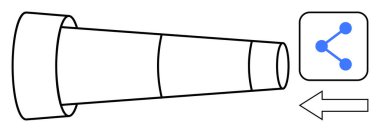 Bağlantı çizgileri ve solu gösteren bir ok olan paylaşım simgesinin yanında katlanabilir teleskop. Keşif için ideal, görüş, bağlantı, yön, yenilik, iletişim, basit iniş sayfası