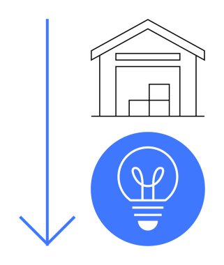 Kutuları olan bir depo, yaratıcılık için daireler çizen bir ampul ve optimizasyonu simgeleyen bir ok. Lojistik, yenilik, tedarik zinciri, teknoloji, verimlilik için ideal, fikirler basit iniş sayfası