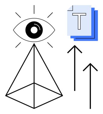 Gözler piramidin tepesinde içgörü, yukarı doğru ok ve iletişim için katmanlı metin dosyalarını sembolize eder. Vizyon, yaratıcılık, yenilik, büyüme, strateji, analiz için ideal