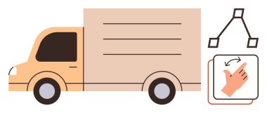 Jest simgesinin yanında hareket halindeki teslimat kamyonu kavşağı simgeliyor ve geometrik şekiller de bağlantıyı simgeliyor. Lojistik, dağıtım hizmetleri, otomasyon, ulaşım, ekip çalışması, sevkiyat için ideal