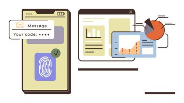 Parmak izi tarayıcılı telefon ekranı, doğrulama kodu ve grafikli bilgisayar. Güvenlik, teknoloji, analitik, veri, doğrulama, fintech modern çözümler için idealdir. Basit düz