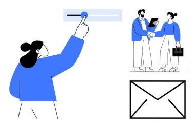 Sürgüyü ayarlayan kadın, belgelerle tokalaşan iki profesyonel ve bir zarf sembolü. İşbirliği, ticaret, ortaklık, teknoloji, iletişim, müzakere iş akışı için ideal