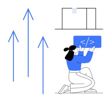 Bir kadın dizinin üzerinde bir kod tahtası tutuyor yukarı doğru ok ve pencere düzeninin şeması yanında. Programlama, geliştirme, büyüme, ilerleme, takım çalışması, teknoloji eğitimi, basit iniş sayfası için ideal