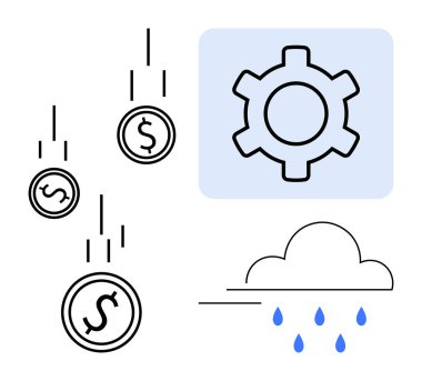 Düşen paralar gelir veya giderleri, teçhizat süreçleri veya mekanizmaları simgeler, yağmur bulutu zorlukları veya sürdürülebilirliği simgeler. Finans, ekonomi, gelir, zorluklar, büyüme için ideal