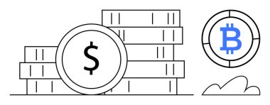 Dolarlı ve bitcoin tabelalı bozuk paralar birikmiş. Finansal işlemleri, yatırımı ve tasarrufu vurguluyor. Bankacılık, fintech, kripto para birimi, zenginlik yönetimi, ekonomi ve büyüme için ideal