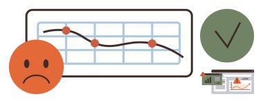 Alçalma eğilimini gösteren çizelge kırmızı düğümler, üzgün yüz, kurtarma işaretleri, uyarı uyarıları ve web sayfası görselleri. Finans, iş, analiz, kurtarma stratejisi izleme değerlendirmesi için ideal