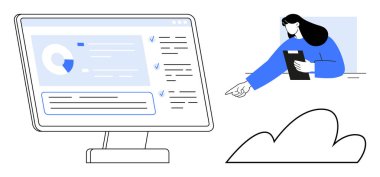 Analitik gösterge paneli ve kontrol listesini gösteren monitör, kadın profesyonel tutucu tablet ve işaret tableti, bulut çizimi. Takım çalışması, uzaktan çalışma, veri yönetimi, analitik ve işbirliği için ideal