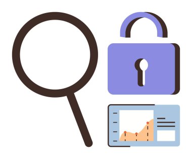 Büyüteç, güvenlik kilidi ve veri grafiği analiz, veri güvenliği, gizlilik ve izleme temalarını birbirine bağlıyor. Siber güvenlik, araştırma, istatistik ve basit düz metafor için ideal