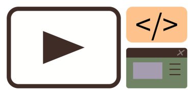 Play button, coding snippet, and browser window illustrating video content, programming, and web design. Ideal for technology, development, UX, media creativity productivity simple flat metaphor clipart svg vector 