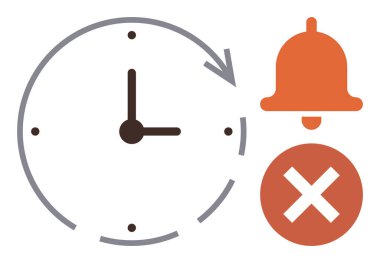 İlerlemeyi gösteren oklu bir saat, alarmlar için turuncu zil ve iptali veya kaçırılan eylemleri gösteren işaretli bir sembol. Son teslim tarihi, takvim, hatırlatma, zaman izleme, planlama için ideal