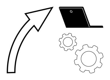 Yukarı doğru ok, yenilik, teknoloji ve stratejik büyümeyi sembolize eden bir dizüstü bilgisayarı işaret ediyor. İlerleme, üretkenlik, iş, süreç iyileştirme, otomasyon, eğitim için ideal basit