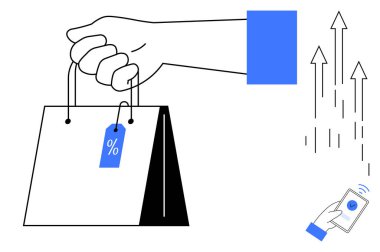Mavi indirimli etiketli el çantası, yukarı doğru büyüyen oklar ve akıllı telefon. E-ticaret, perakende, indirim, satış büyümesi, alışveriş, dijital pazarlama için ideal