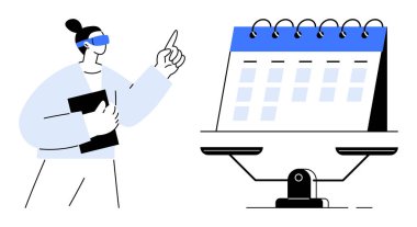 Sanal gerçeklik kulaklığı takan bir kadın elinde tablet, masa takviminin dengeli ölçeğine bakıyor. Zamanlama, teknoloji, organizasyon, planlama, zaman yönetimi, verimlilik için ideal