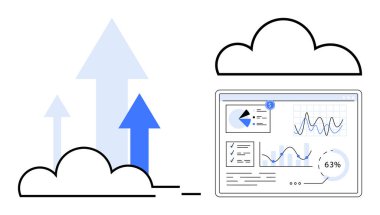 Bulutlardan yükselen ve veri eğilimlerini sembolize eden oklarla birlikte grafikleri ve grafikleri olan dijital gösterge paneli. Analiz, büyüme, bulut hesaplama, veri görselleştirme, iş stratejisi için ideal