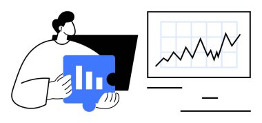 Yapboz parçasıyla ekranın yanında duran kişi yukarı doğru çizgi grafiğini gösteriyor. İş analizleri, veri görselleştirmesi, piyasa araştırması, büyüme takibi, problem çözme, stratejik