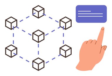 Birbirine bağlı küpler bir belgeye işaret eden bir elle zincirleme düğümleri temsil eder. Teknoloji için ideal, engelleme zinciri, veri transferi, ademi merkeziyet, yenilik, dijital iletişim, basit düz