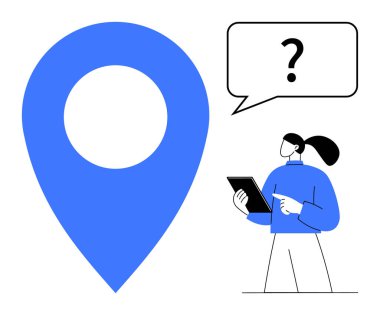 Konuşma balonunda tablet ve soru işareti tutan kadının yanında büyük mavi lokasyon iğnesi. GPS, navigasyon, karar verme, seyahat planı, sorular, teknoloji, basit iniş sayfası için ideal