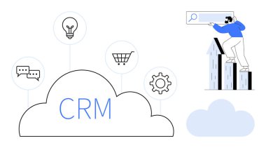 İletişim, fikir, alışveriş arabası ve teçhizat ikonlarına bağlı CRM metni olan bulut. Barın tepesinde arama yapan bir adam. Müşteri desteği, satış, pazarlama, yönetim analizi yeniliği için ideal