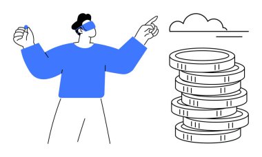 VR kulaklık takan bir adam bozuk para yığınının üzerindeki sanal bir buluta doğru hareket ediyor. Teknoloji, sanal gerçeklik, finans, yenilik, yatırım, gelecek eğilimleri, finansal büyüme için idealdir. Basit düz