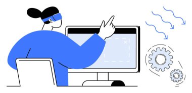 AR kulaklık takan kişi, dişliler ve akış çizgileri ile çevrili büyük dijital ekranla etkileşime geçiyor. Teknoloji, yenilik, otomasyon, iş akışı tasarımı, sanal araçlar, gelecekteki kavramlar için ideal