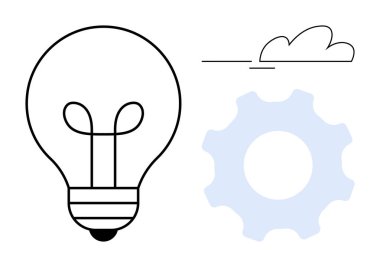 Fikirleri temsil eden ampul, süreci sembolize eden vites, hayal gücünü çağrıştıran bulut. Yenilik için ideal, yaratıcılık, takım çalışması, problem çözme, vizyon teknolojisi verimliliği. Basit düz
