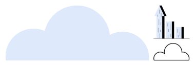 Yükselen grafik çubukları ile büyük bulut büyümeyi, verileri ve ilerlemeyi simgeliyor. Bağlantı için daha küçük bir bulut. Teknoloji, analitik, bulut hesaplama, yenilik ve iş stratejisi için ideal