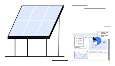 Analiz panelinin yanındaki güneş panelinde enerji performansı gösteren grafikler ve grafikler var. Sürdürülebilirlik, yenilenebilir enerji, teknoloji, veri analizi, çevresel koruma, yeşil