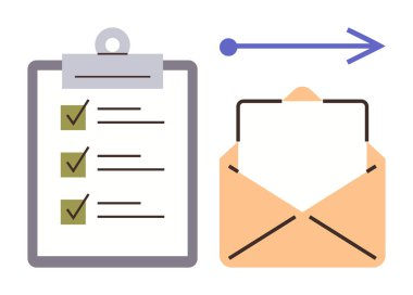 Kontrol listesi, açık zarf ve oku sembolize eden görev tamamlama, iletişim, organizasyon, hedef izleme, iş verimliliği, takım çalışması ve görev heyeti. Basit düz metafor