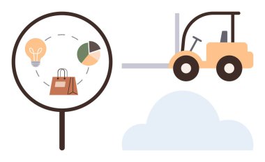 Forklift, büyüteç yanında ampul, pasta grafiği ve alışveriş çantası taşıyor. Lojistik, verimlilik, yenilik, e-ticaret, araştırma, veri analizi zinciri için ideal basit
